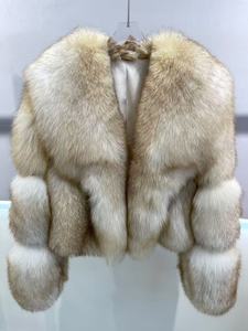 Veste en fourrure véritable pour femmes à col rabattu, veste courte en fourrure de renard d'île dorée naturelle, manteau à bulles - Product Image 6