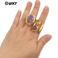 WT-R606 Bagues ajustables pour femme, style vintage, plaqué or, avec trois pierres naturelles triangulaires brutes, bijoux assortis pour soirée dansante