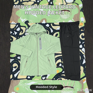 Veste décontractée vintage pour homme, course à pied en plein air, fitness, fermeture éclair intégrale, capuche, cordon de serrage, motif léopard, 100% nylon, patchwork - Product Image 2