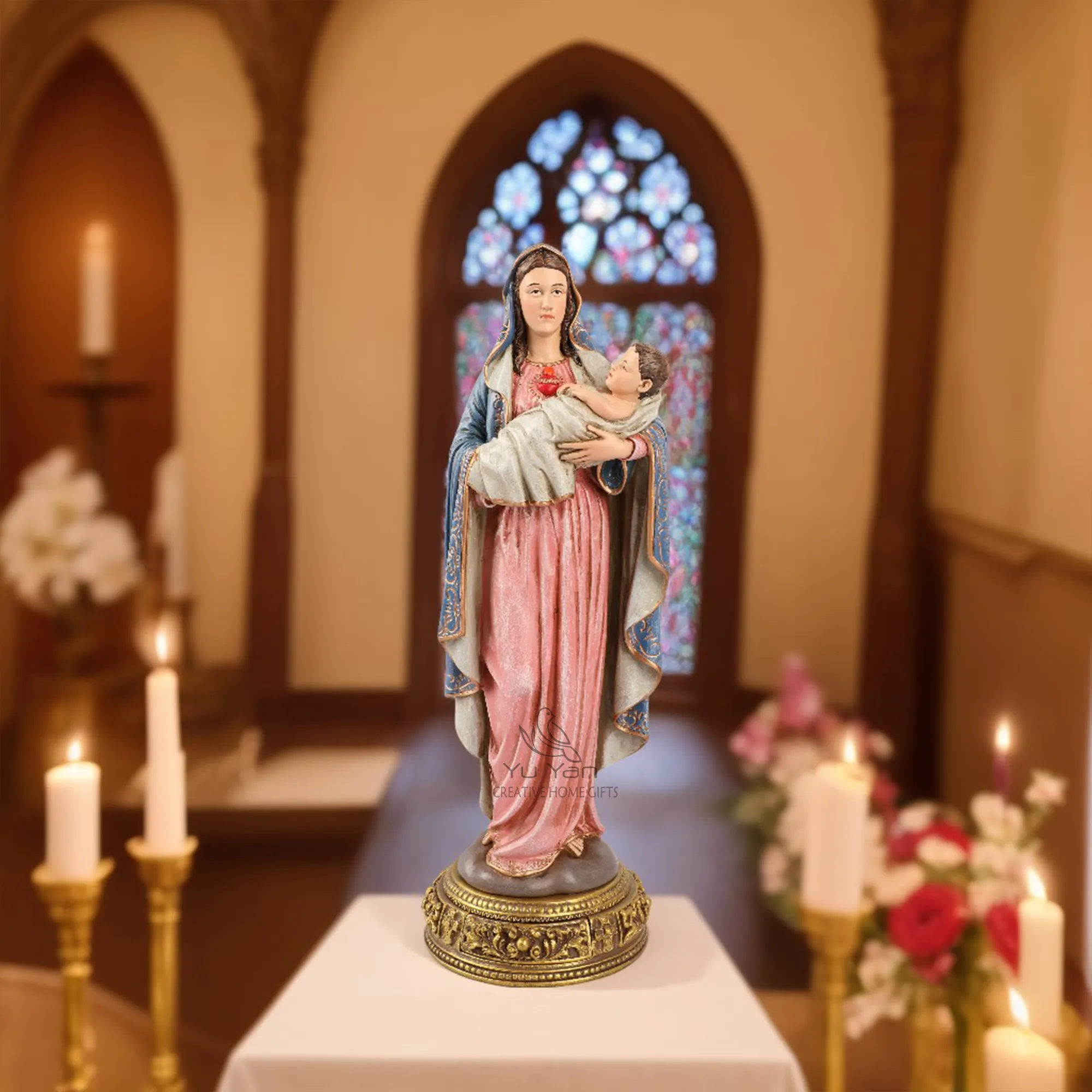 फैक्टरी थोक कैथोलिक धार्मिक मूर्तियां राल ईसाई वर्जिन मैरी पवित्र धार्मिक चमकदार सेक्विन घर की सजावट के लिए दिखाई दीं