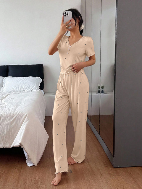 Soft Elastic Ribbed Women Pajamas Heart Printed Short Sleeve Button Front Top Wide Leg Long Pants Casual Home Outfit Suitable
