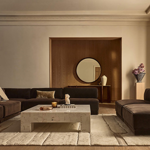 Divano Modulare a L in Velluto Marrone Scuro con Pouf, Set di Divani Moderni in Piuma, Arredamento di Lusso per Soggiorno - Product Image 1