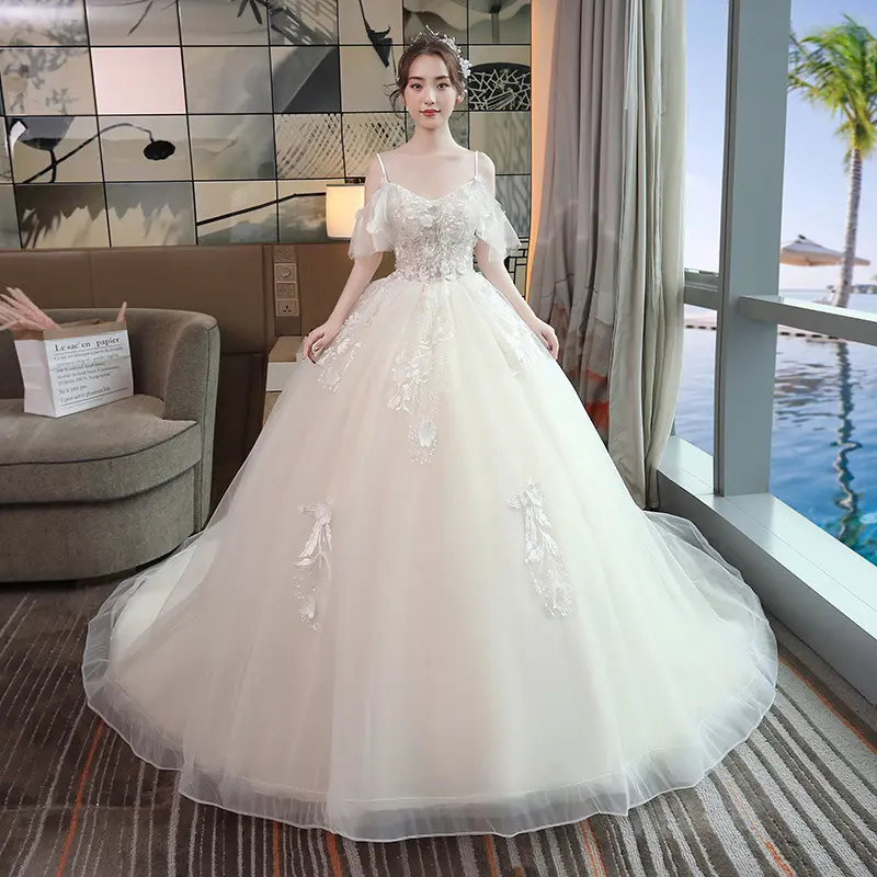 Elegant White Spaghetti Straps Wedding Bridal Dress Lace Appliques Ruffle Bride Wedding Dresses 2023