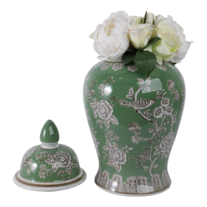 Vaso decorativo in ceramica con disegno di uccelli verdi e fiori per soggiorno, ufficio e decorazioni per la casa - Product Image 2