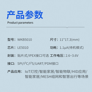 Module WKB5010 5.2, puce LE5010, interface SPI, faible consommation d'énergie, contrôle de réseau maillé pour l'éclairage IoT - Product Image 1