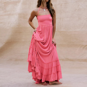 Abito da donna personalizzabile stile bohémien con volant all'americana Maxi abito lavabile con corpetto a forma di schienale lungo stile da spiaggia - Product Image 3