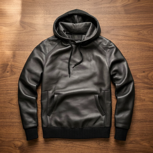 Men's <b>Black</b> Leather Gothic Vintage Solid Knitted Hoodie Oversized Pullover Hooded Sweatshirt Front Pocket Casual Winter Wear - Product Image 4