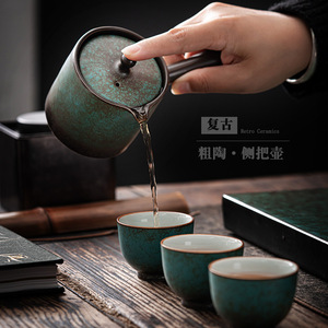 Tetera de Cerámica Retro con Asa Lateral, Cilindro de Cerámica con Tapa, Esmaltado Azul Celeste, Juego de Té Kung Fu - Product Image 3