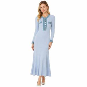 Elegante Abito Lungo Blu <span class=keywords><strong>in</strong></span> <span class=keywords><strong>Maglia</strong></span> a Costine con Bottoni e Maniche Lunghe, <span class=keywords><strong>Vestito</strong></span> Aderente da Donna con Inserti <span class=keywords><strong>in</strong></span> Denim - Product Image 1
