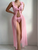 Ensemble de lingerie sexy et séduisant pour femmes, comprenant une robe fendue transparente, une longue jupe et un string, vêtements de nuit