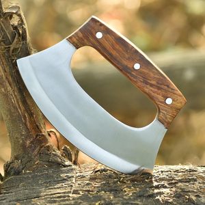 Cuchillo Ulu, Cortador de Pizza Mezzaluna con Base de Madera de Palisandro, Estilo Vikingo, Hoja de Acero Inoxidable de 15 cm, para Cocina, Camping y Aire Libre - Product Image 1