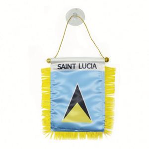Drapeau de voiture miniature personnalisé Sainte-Lucie en satin avec pompons jaunes, impression numérique, en polyester et plastique, pour usage automobile - Product Image 1