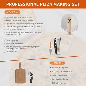 Ensemble de pelle à pizza en aluminium avec spatule professionnelle, manche en <span class=keywords><strong>bois</strong></span> pliable et coupe-pizza à bascule - Compatible avec les fours - Product Image 6