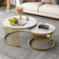 Ensemble de tables basses mobiles, plateau rond en pierre frittée, base en métal noir artistique, table d'appoint décorative moderne pour salon et maison