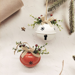 Sino de Natal Metálico Vermelho e Branco de 80mm Grande Tamanho com Pinha e Fita para Decoração de Árvore - Product Image 1