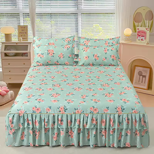 Ensemble personnalisable de 3 pièces de haute qualité : drap-housse imprimé tendance, taies d'oreiller à motif végétal et jupe de lit en polyester teint uni - Product Image 5