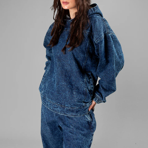 Sweat à capuche en denim tricoté personnalisé pour femme, style streetwear décontracté, manches longues, cordon de serrage réglable, logo frontal ODM - Product Image 2