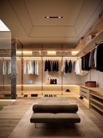 Dressing de luxe autoportant avec cadre doré, éclairage LED, armoire en bois sur mesure en forme de L, îlot central pour hôtel et école