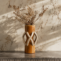 Vase en céramique sculptural vert foncé caramel avec boucles entrelacées, vase décoratif pour fleurs, pour le salon, décoration de la maison