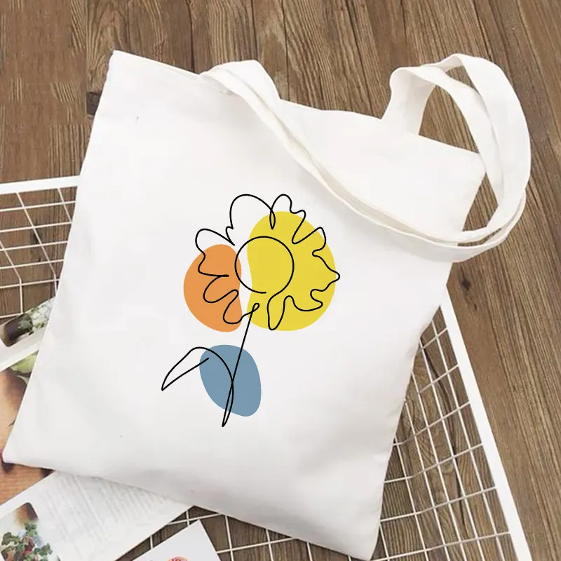 Factory Price Customized Logo Reusable Women Female Canvas Bags Flower Printed Large Cotton Cloth Shoulder Tote Bag