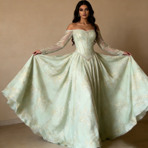 Vestidos de Mujer Verde Menta Claro, Hombros Descubiertos, Escote Corazón, <span class=keywords><strong>Manga</strong></span> Larga Transparente, Bordado Dorado, <span class=keywords><strong>Vestido</strong></span> de Gala Elegante - Product Image 1