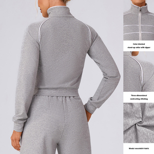 Custom <strong>Half</strong> Zip Cropped Yoga <strong>Jacket</strong> Modal Sweatshirt Contrast Stitching Color Blocked Running for Women - Product Image 3