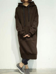 Gaun Hoodie panjang wanita, gaun Hoodie panjang warna Solid ukuran ekstra besar harga pabrik - Product Image 5