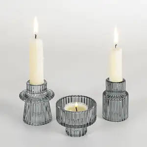 EIPP Ribbed Set Of 6 Colorful Taper Candle Holders Two Side Use Glass Candle Holders Sticks for Table Centerpiece