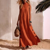 Nouvelle Arrivée 2026 QIQI Robe Décontractée Femme Style Vacances Bord de Mer Européen et Américain Couleur Unie Coton Lin Anti-Plis Col Rond