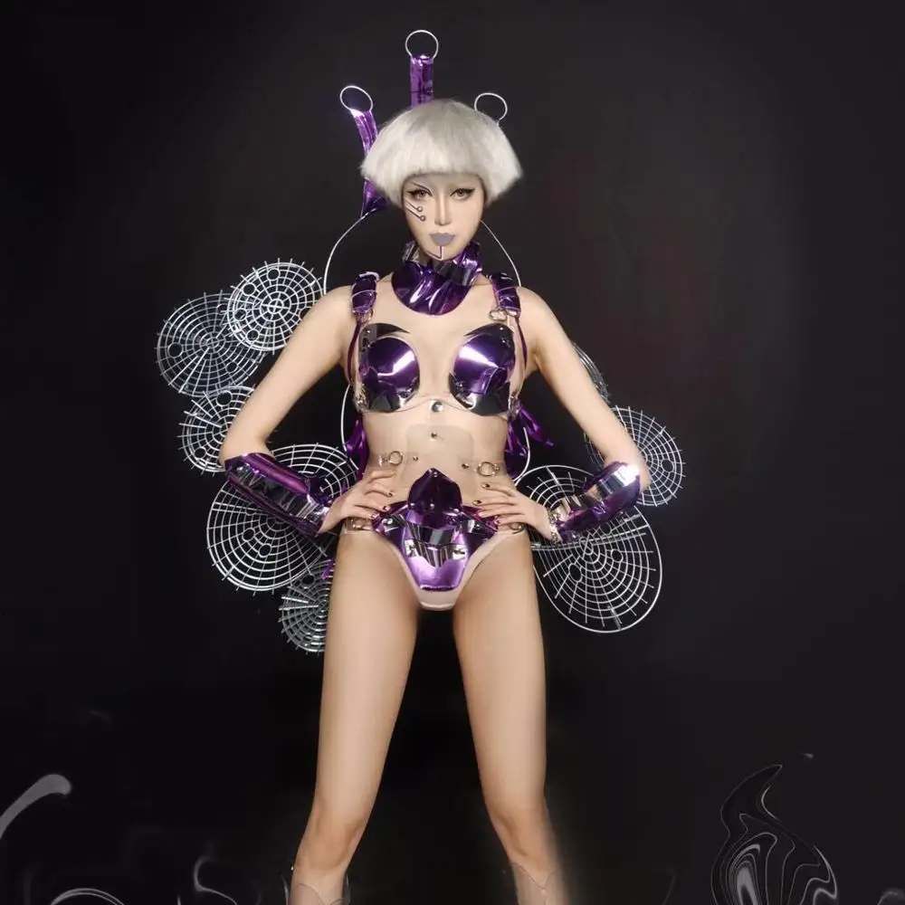Mor gelecek teknoloji kostümleri kadınlar seksi sahne parti dans kostümü dropshipping
