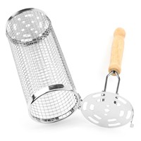 Panier de barbecue roulant en acier inoxydable avec poignée en bois de caoutchouc pour grillades en extérieur
