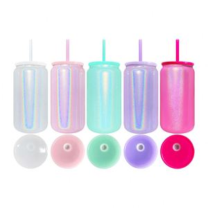 Coffee Blank Sublimation Shimmer Colorful Glitter Stainless Steel 16Oz Beer Can <b>Cups</b> With <b>Lids</b> <b>and</b> <b>Straws</b> - Product Image 2