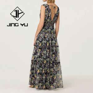 Manufacturer Women's Casual Floral <b>Dress</b> Luxury Deep V Pleated Evening <b>Dress</b> OEM <b>Rayon</b> Maxi <b>Dress</b> - Product Image 3