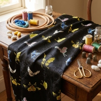 3-Weft Shu Brocade, Pola Bunga Kupu-Kupu Menari, Hitam, Lebar 140cm, 100% Sutra Mulberry Kelas 6A
