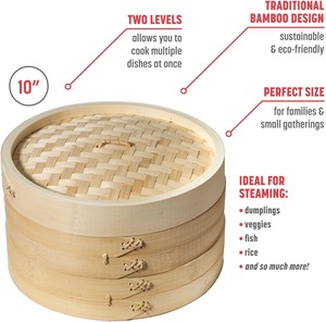 Bamboo 3 Tier Wooden Basket Ring Adapter, Kit for <b>Dim</b> <b>Sum</b> Dumplings Buns Seafoods Rice Steaming Chinese Asian Food - Product Image 3