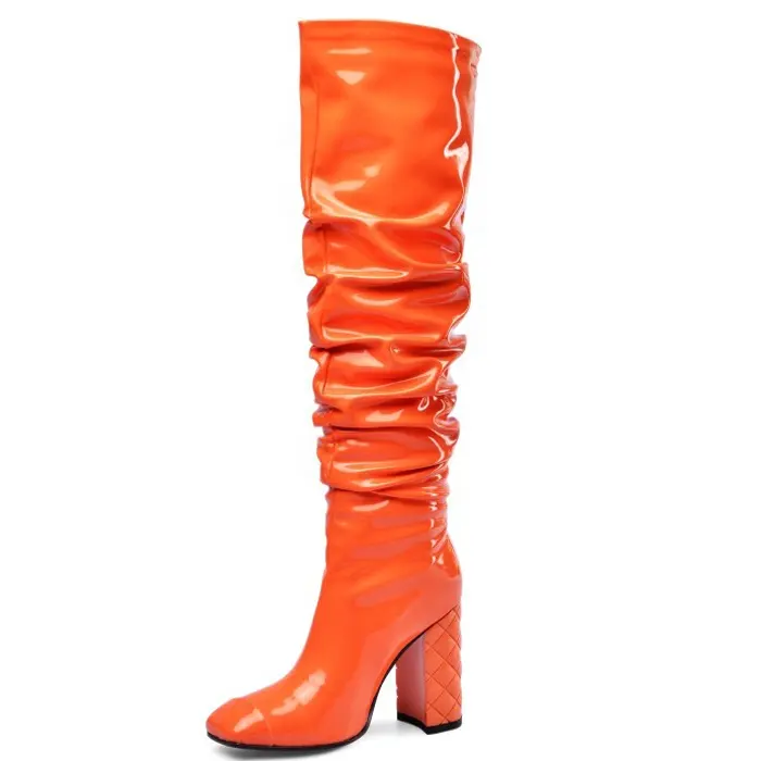 बड़ा आकार 45 महिलाओं OverKnee उच्च जूते उच्च चंकी ऊँची एड़ी के जूते जूते देवियों लंबी चमकदार पेटेंट पु नारंगी वर्ग पैर की अंगुली जांघ उच्च जूते