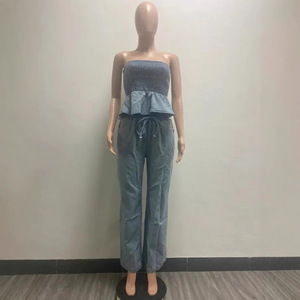 Femmes taille haute mode Denim 2 pièces ensemble ourlet plissé élastique haut sans bretelles exposé nombril large jambe pantalon <span class=keywords><strong>jean</strong></span> décontracté Logo - Product Image 5
