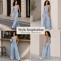 Conjunto de Dos Piezas Personalizado para Mujer, Top Corto de Un Hombro, Pantalones Anchos con Cordón, Suaves y Elásticos, Casuales, para Viaje