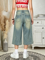 Jean vintage délavé pour femme, coupe large, avec patch ours mignon et imprimé lettres, pantalon capri en denim 7/8