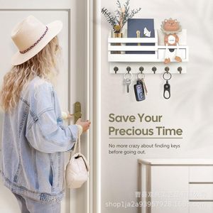 Wooden Wall Mounted Key And Letter Holder With <b>6</b> Hooks Storage <b>Drawer</b> Key Rack Entryway Home Decor - Product Image 1