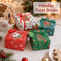 Boîte cadeau pour cupcakes de Noël à 4 cavités avec fenêtre, ruban, motif bonhomme de neige et renne, papier artistique recyclable, pliable