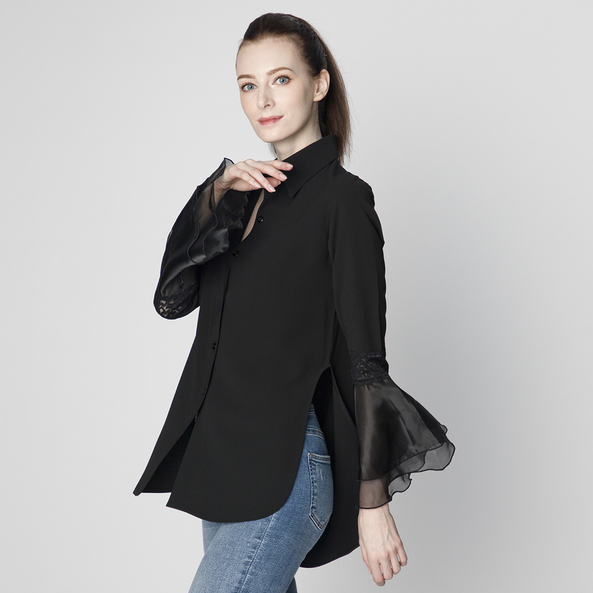 LADIES CASUAL CHIFFON LACE FLARED SLEEVE SHIRT  21108 