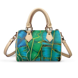 Sac à main élégant pour femme, sac cylindrique personnalisé avec imprimé feuilles tropicales, mini sac Boston en cuir PU, impression à la demande - Product Image 3