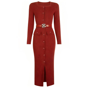 Nuovo Abito Elegante da Donna in <span class=keywords><strong>Maglia</strong></span> Autunno 2025, Manica Lunga con <span class=keywords><strong>Bottoni</strong></span> in Strass, <span class=keywords><strong>Vestito</strong></span> Maglione alla Moda con Cintura - Product Image 5