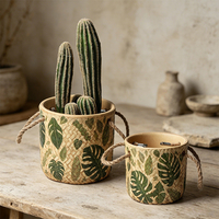 Pot de fleurs en céramique rétro, imitation texture tissée, imprimé feuille de Monstera, pot rond pour plantes vertes, roses, cactus, décoration intérieure