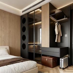 Armoire Balom élégante, moderne et minimaliste en noir et chêne avec armoire en verre à LED et espace de <span class=keywords><strong>dressing</strong></span> flottant pour appartements - Product Image 1