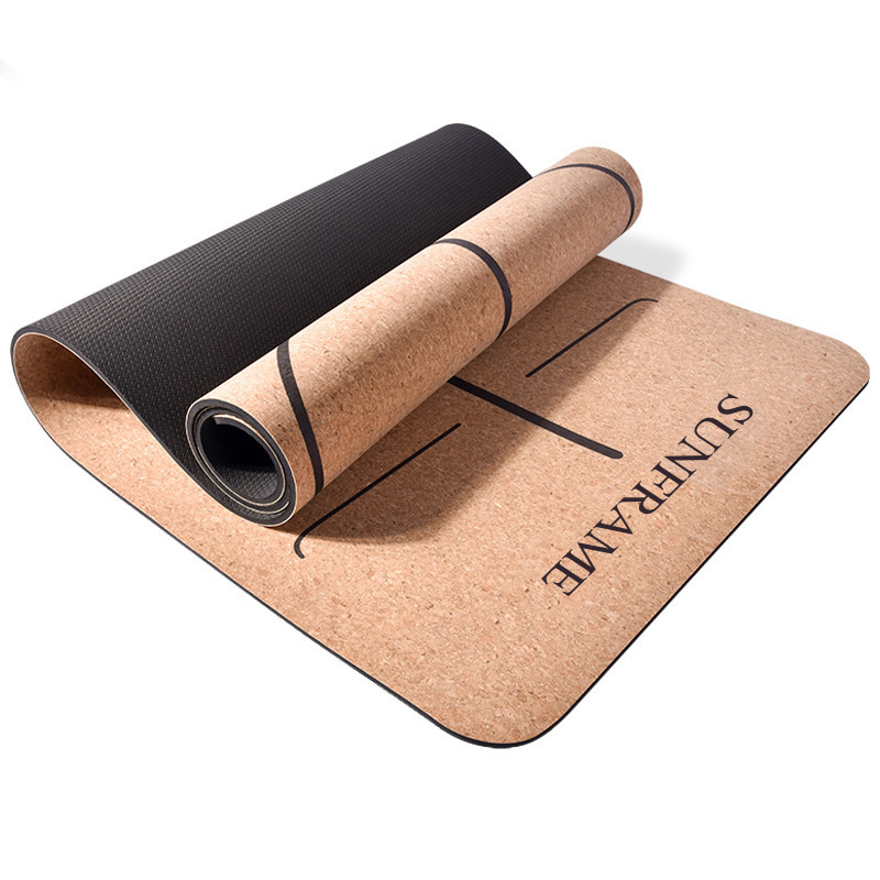 Factory Custom Print Eco Friendly Natural Rubber Cork Wood Yoga Mat 7mm With Position Lines
