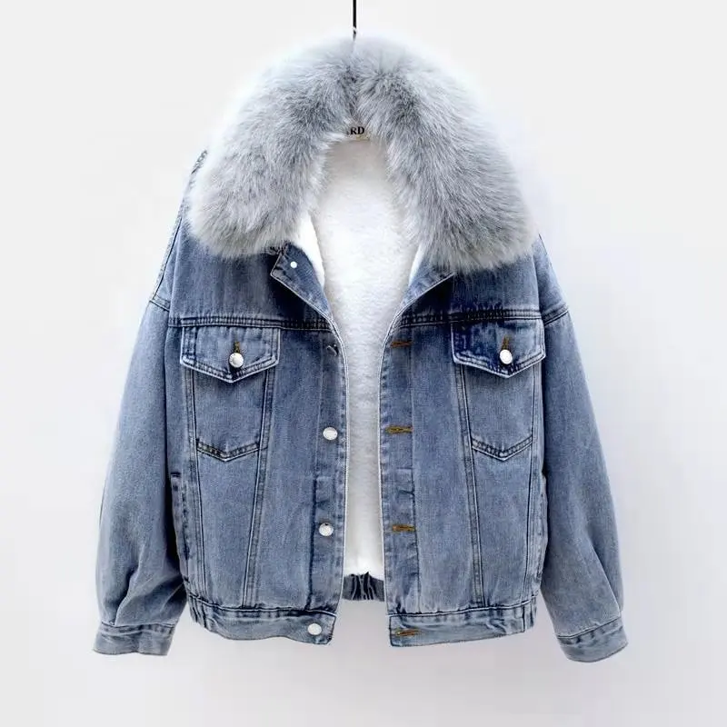여성 100% 코튼 다운 재킷 후드 폭스 모피 코트 양털 폭격기 재킷 사용자 정의 인쇄 여자 패션 플러스 사이즈 데님 재킷