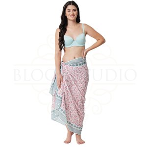Paréo en coton imprimé à la main motif chèvrefeuille fuchsia et émeraude pour femme, léger, cache-maillot de bain, tenue de plage estivale - Product Image 4