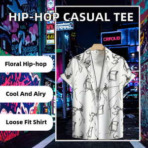 Chemise à manches courtes pour homme, style hip-hop, à col rabattu, à boutonnage simple, à motif floral, respirante, écologique, en popeline, pour l'été - Product Image 2